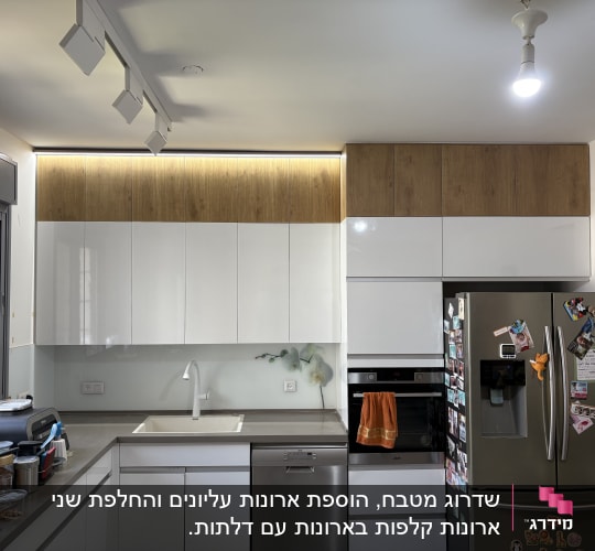 מטבח מודרני עם ארונות לבנים ומקרר